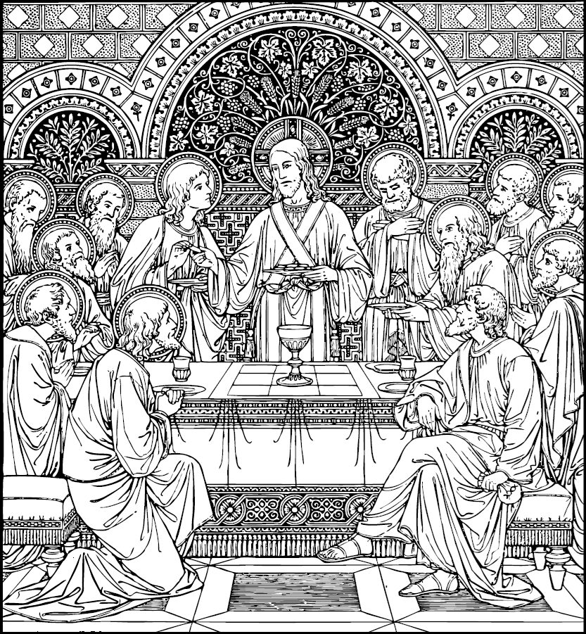 Center image from CC Watershed Holy Thursday - Last Supper (CC Watershed Catholic Bulletin Art #52) Black and white line art of Jesus standing behind a table surrounded by the twelve Apostles, handing them the Eucharist at the Last Supper