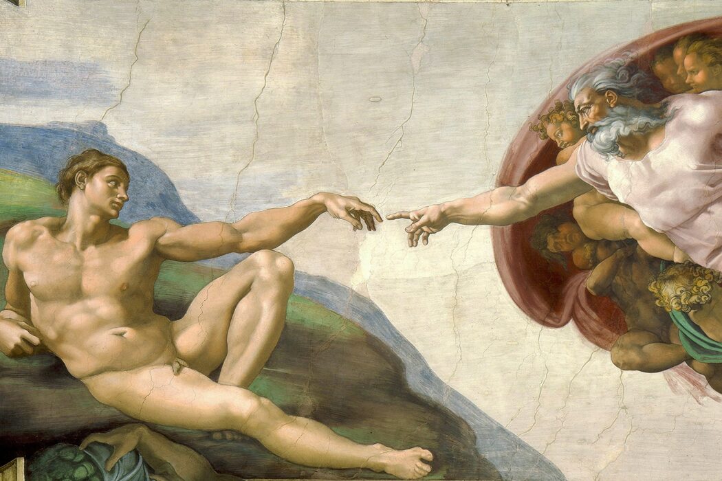 Seated in heaven surrounded by angels, God reaches out towards Adam, himself sitting on the earth, who also reaches towards God