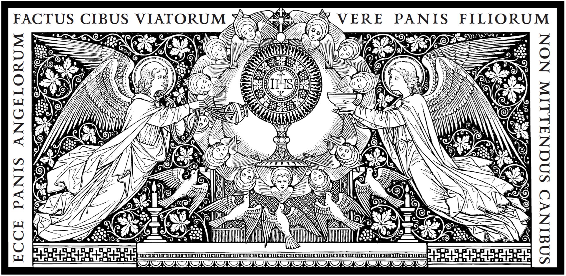 Line art of two angels incensing the Eucharist contained with a monstrance. The words "ecce panis angelorum factus cibus viatorum vere panis filiorum non mittendus canibus", from the words of the Corpus Christi sequence, surround the image.