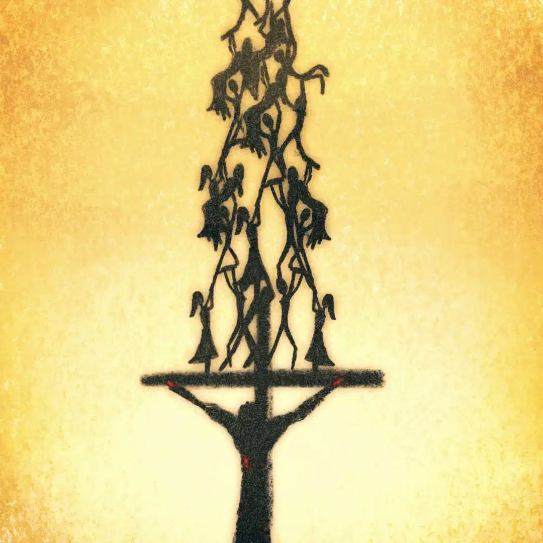 Mark 10:43 by Full of Eyes (IMG_2583.jpg) Silhouetted against a bright sun-like light, the figure of Christ hangs from the cross, with smaller figures standing on the cross, helping others ascend to the heavens.