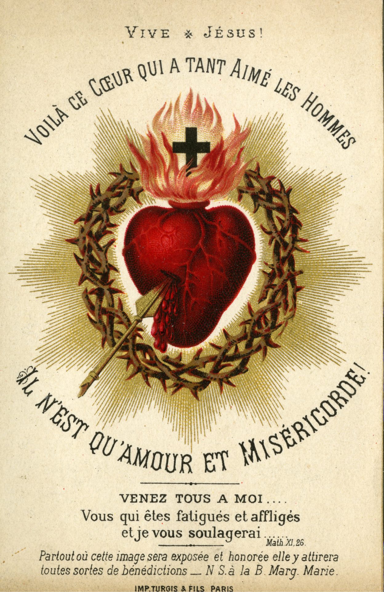 ML_028_056 A Catholic holy card depicting the Sacred Heart of Jesus, with prayers & scripture quotes at the top and bottom in French
